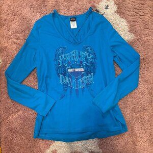 Vintage Y2K 2000s Harley Davidson Motorcycle V-Neck Long Sleeve Blue T-Shirt XL